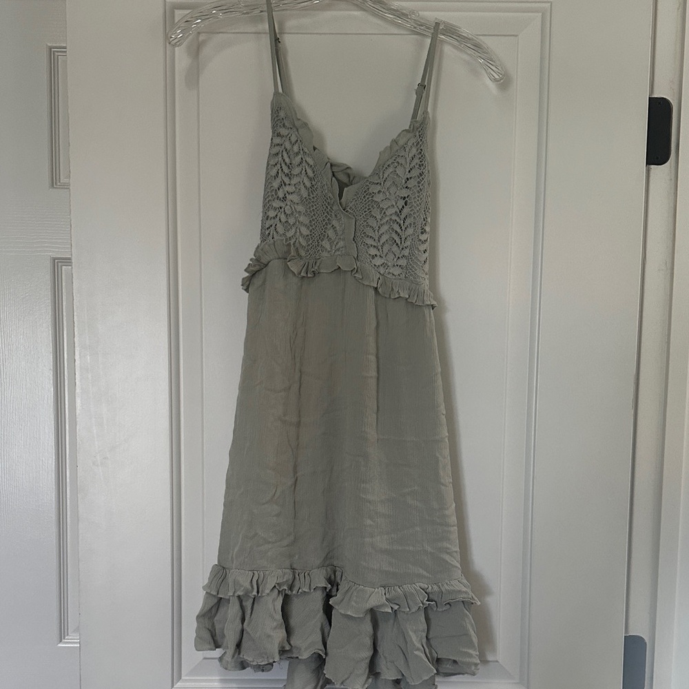 Ocean Drive Crochet Bodice Ruffle-Hem Mini Dress in Sage